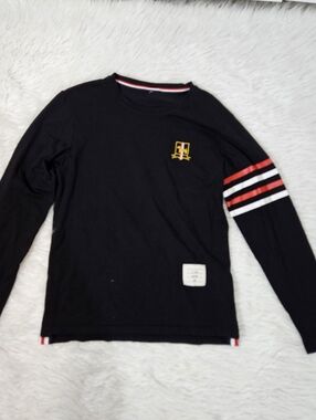 Thom Browne Black Long Sleeve Shirt with Red & White Stripes